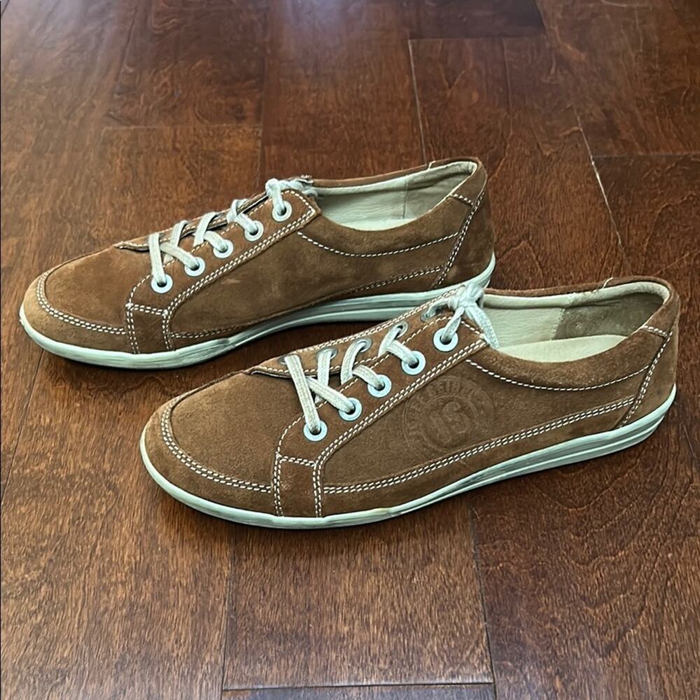 Josef Seibel Cognac Brown Suede Sneakers, Classic Lace-Up Design, Size 8